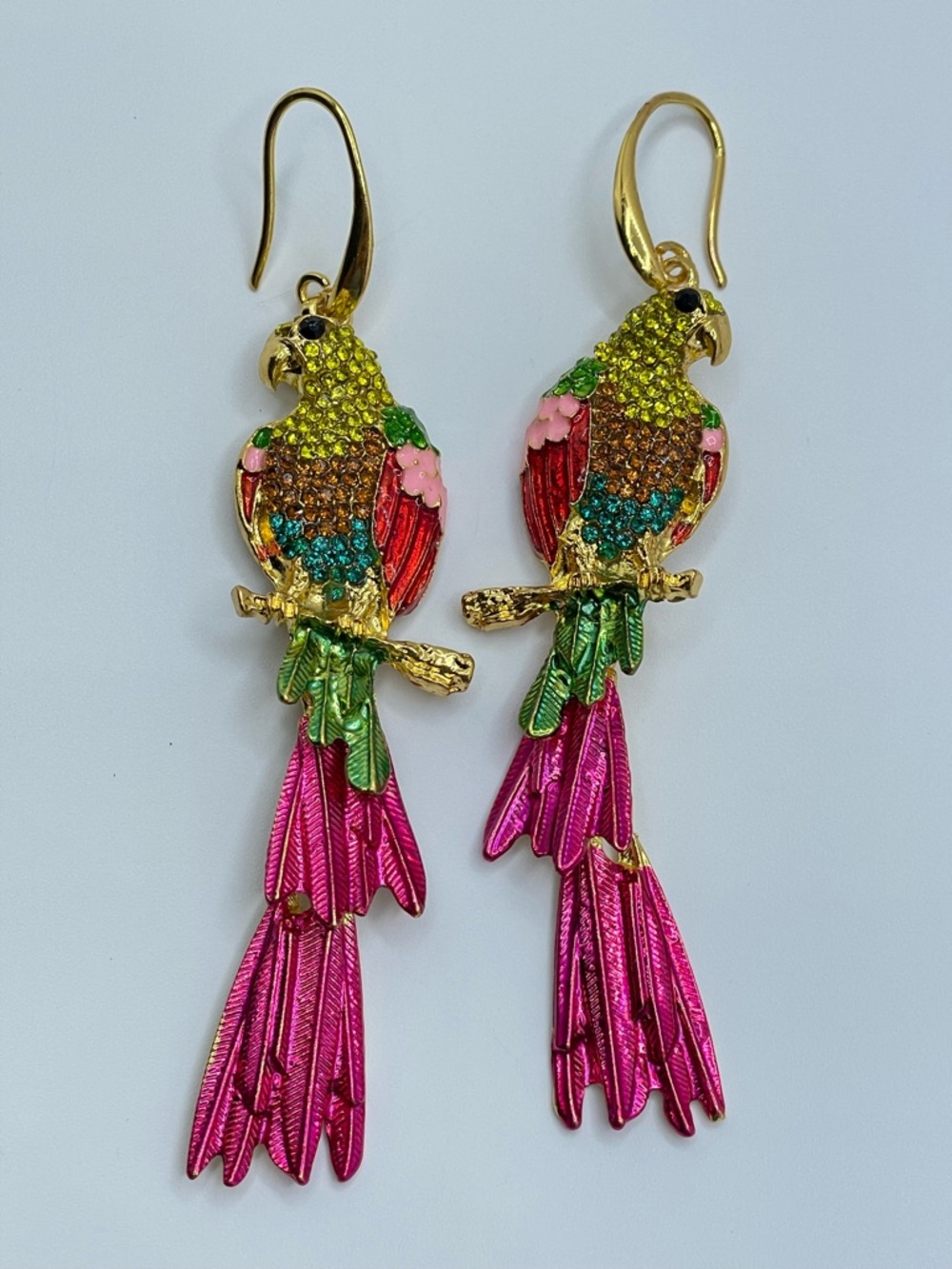 Colorful Parrot Rhinestone Dangle Earrings Gold Tone Statement Tropical Bold